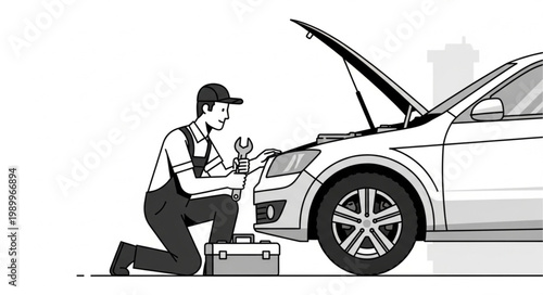 Mechanic working on car engine under hood with tools.