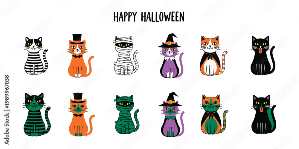 Fototapeta premium Festive halloween pumpkin cartoon vector collection cute cats pumpkins in spooky costumes
