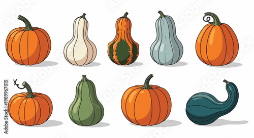 Festive halloween pumpkin cartoon vector set diverse autumn squash illustrations for seasonal designs
