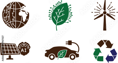 Set of icons representing sustainable technology, green energy, artificial intelligence, and environmental conservation