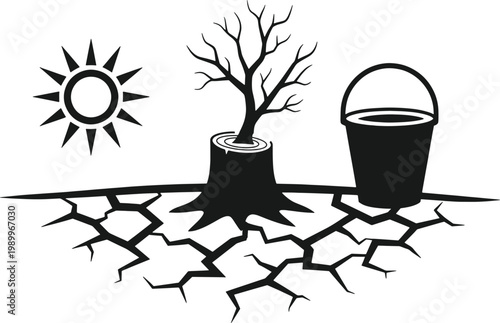 Drought concept icon with a sun, a dead tree on a stump, and a bucket on dry cracked earth