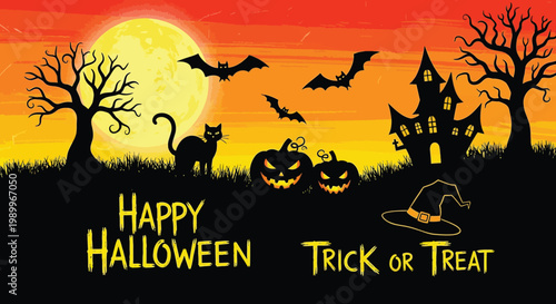 Spooky halloween pumpkin cartoon vector illustration bats castle and festive greetings