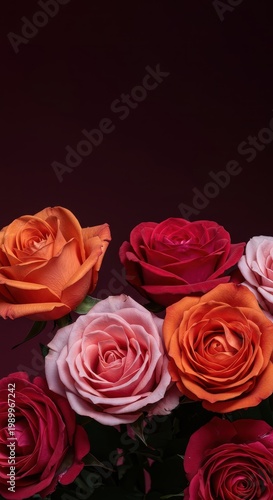 Vibrant assortment of fully bloomed roses in various colors suitable for fabric printing, greeting cards, and celebratory designs, celebration, decorative, garden