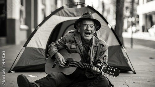 Man sings and plays guitar on sidewalk near tent in city during bright daytime