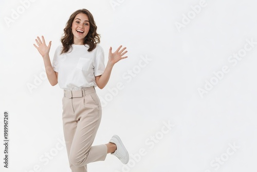 Woman smiling and raising her hands in excitement while standing on a light background