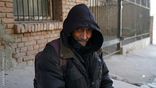 Man sits on sidewalk near brick building in city during daytime looking at camera while wearing a hooded jacket and backpack
