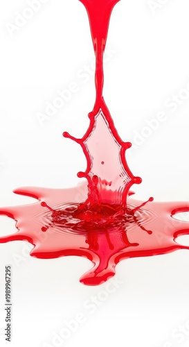 Vibrant red liquid dramatically overflowed onto a smooth white surface, forming an unexpected, difficult, and messy accident requiring attention, oops, vibrant, spill