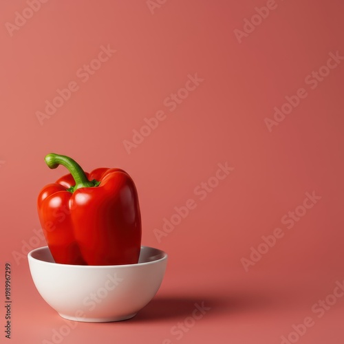 Vibrant single red bell pepper resting in a white ceramic bowl against a smooth, soft pastel red backdrop, highlighting freshness, pepper, kitchen, capsicum