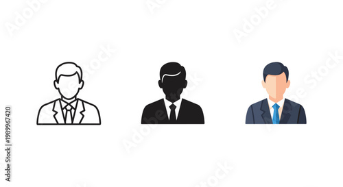 Three businessmen icons in different styles on white background