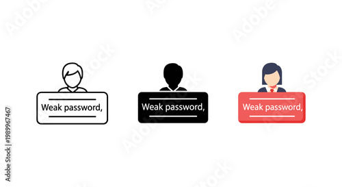Weak password icons, cybersecurity concept with user profiles