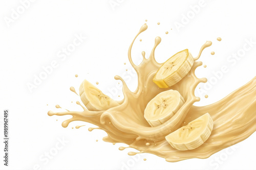 Fresh Banana Slices Plunging into Juice Creating a Vibrant Splash