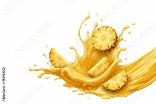 Fresh Pineapple Slices Plunging into Juice Creating a Vibrant Splash