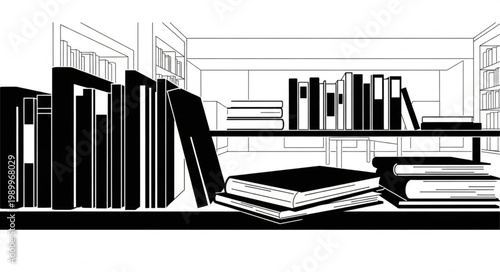 Black and White Illustration of Books on Shelves.