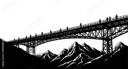 Silhouette of a long bridge over mountains with people walking.