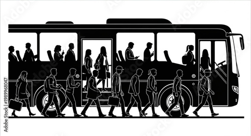 Silhouette of people boarding and disembarking a bus.