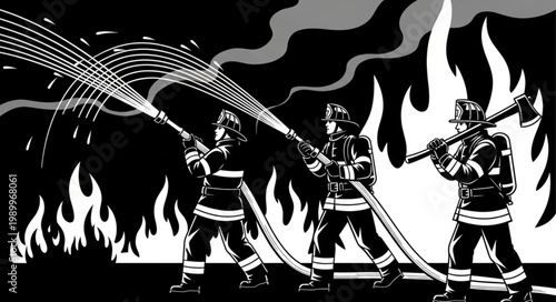 Firefighters Battling Blaze with Hoses and Axe.