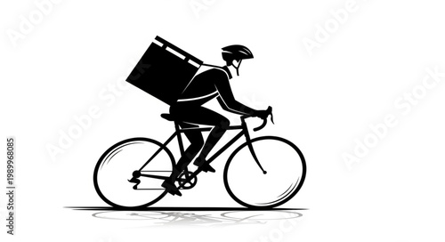 Delivery person riding bicycle with large insulated bag on back.