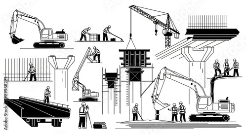 Construction site with heavy machinery and workers building infrastructure.