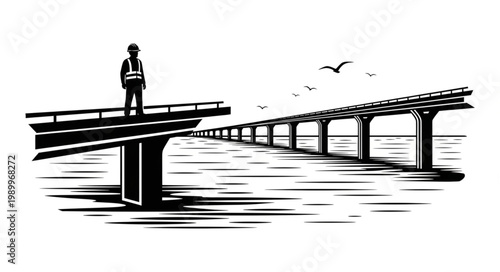 Construction worker standing on unfinished bridge overlooking water and birds.