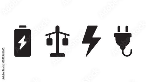 Electricity Symbols for Energy Concepts: Battery, Power, Lightning Bolt