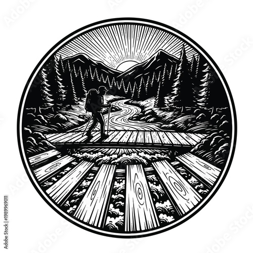 Man Walking on a Wooden Bridge.