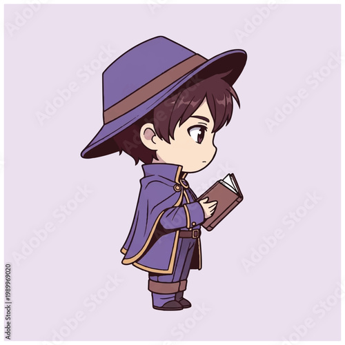 Cartoon boy in purple outfit reading.