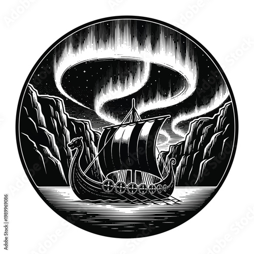 Viking Ship Sailing Through Fjord Water.