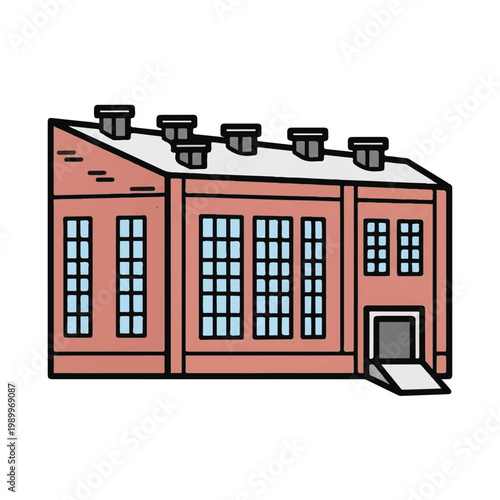 Red Industrial Building with Windows.
