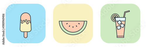 Flat icons of summer treats: ice cream popsicle, watermelon slice, and cocktail. Hand drawn vector illustrations
