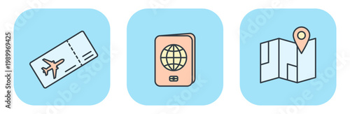 Flat vector icons for travel: airline ticket, international passport, and paper map. Illustrations for summer and vacation design