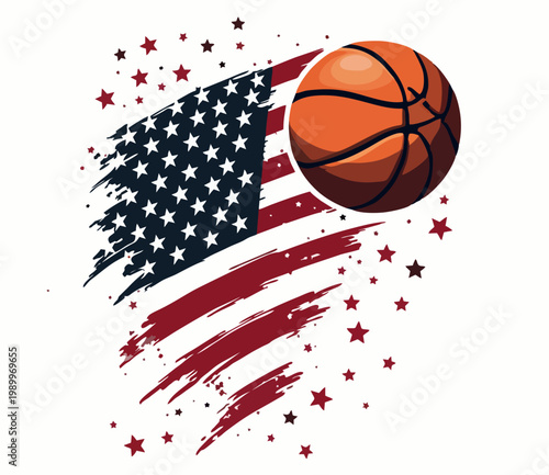 Vector drawing with flying basketball
and national flag of usa isolated on white background. 
Sport fashion t shirt design for textiles, fabric, 
clothing. American print with star.