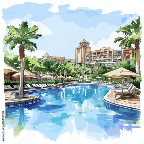 Sun City Resort. Sun City Resort hand drawn watercolor illustration on white background