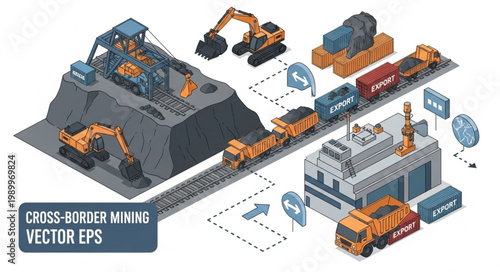 Industrial mining operation with heavy machinery and transportation logistics.