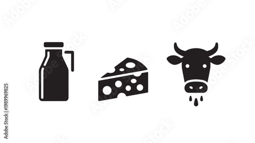 Dairy Product Icons Set: Milk Bottle, Cheese & Cow Head Silhouette
