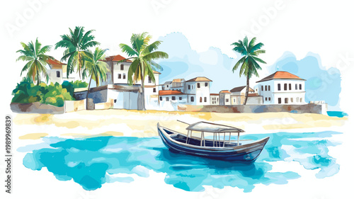 Zanzibar. Zanzibar hand drawn watercolor illustration on white background