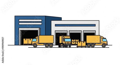 Modern Warehouse with Trucks Loading and Unloading Cargo.