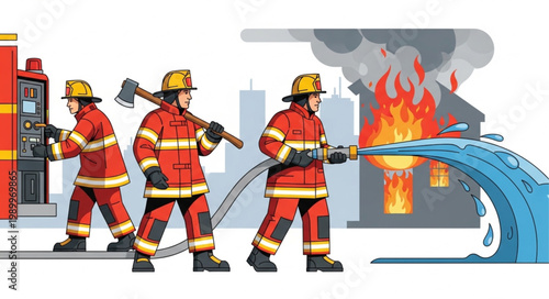 Firefighters battling a house fire with water hose and axe.