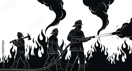 Firefighters Battling Blaze with Water and Axe.