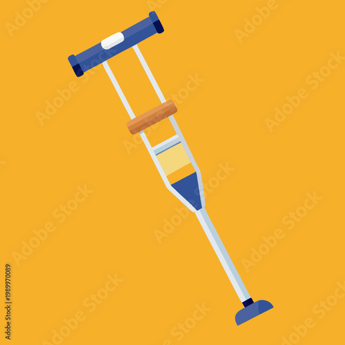 A blue crutch with orange grip for mobility support
