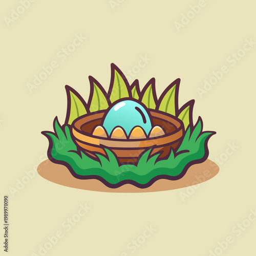 A Blue Egg and Chicks in a Bird Nest Surrounded by Greenery
