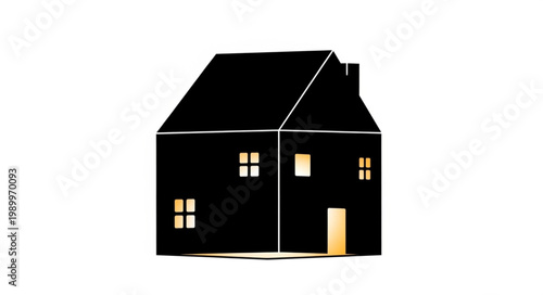 Minimalist Black House Illustration with Glowing Windows.
