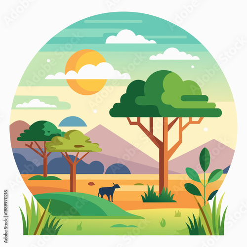 African Savannah Landscape with Animal and Trees