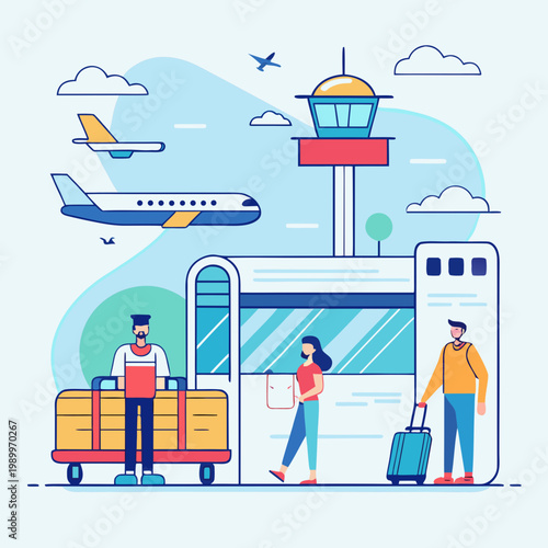 Airport Scene with Planes, Control Tower and Travelers