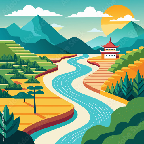 Asian River Basin Landscape with Temple and Mountains