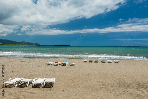 Empty Beach with Rows of Sunbeds - Cuba Caribbean
