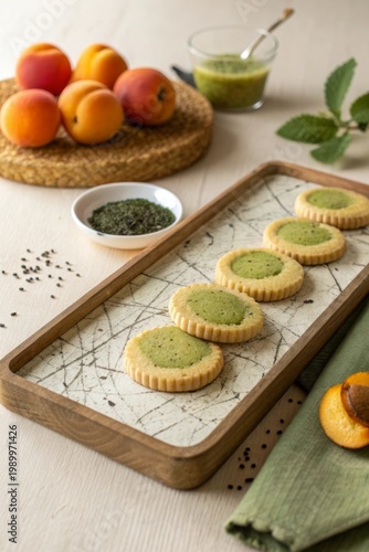 Peach Matcha Cookies Round Shortbread Wooden Tray Minimalist Commercial Food Photography Clean Beige