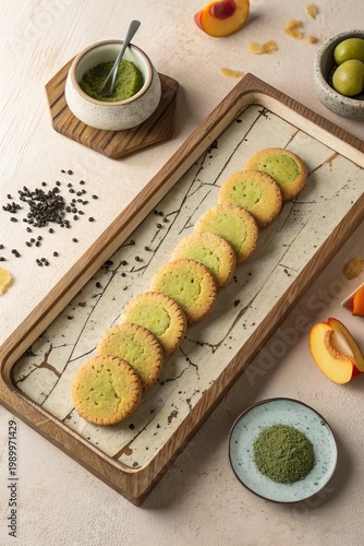 Matcha Peach Shortbread Cookies Wooden Tray Minimalist Food Photography Commercial E-Commerce Style
