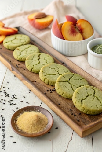 Commercial Food Photography Matcha Peach Shortbread Cookies Wooden Tray Minimalist Clean Beige Tone