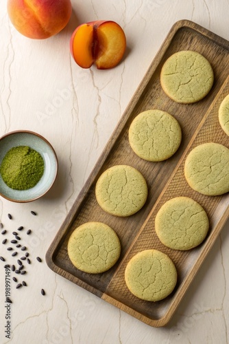 Round Matcha Cookies Peach Flavor Wooden Tray Minimalist Food Photography E-Commerce Product Shot