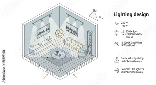 Interior lighting design plan isometric view with symbols.